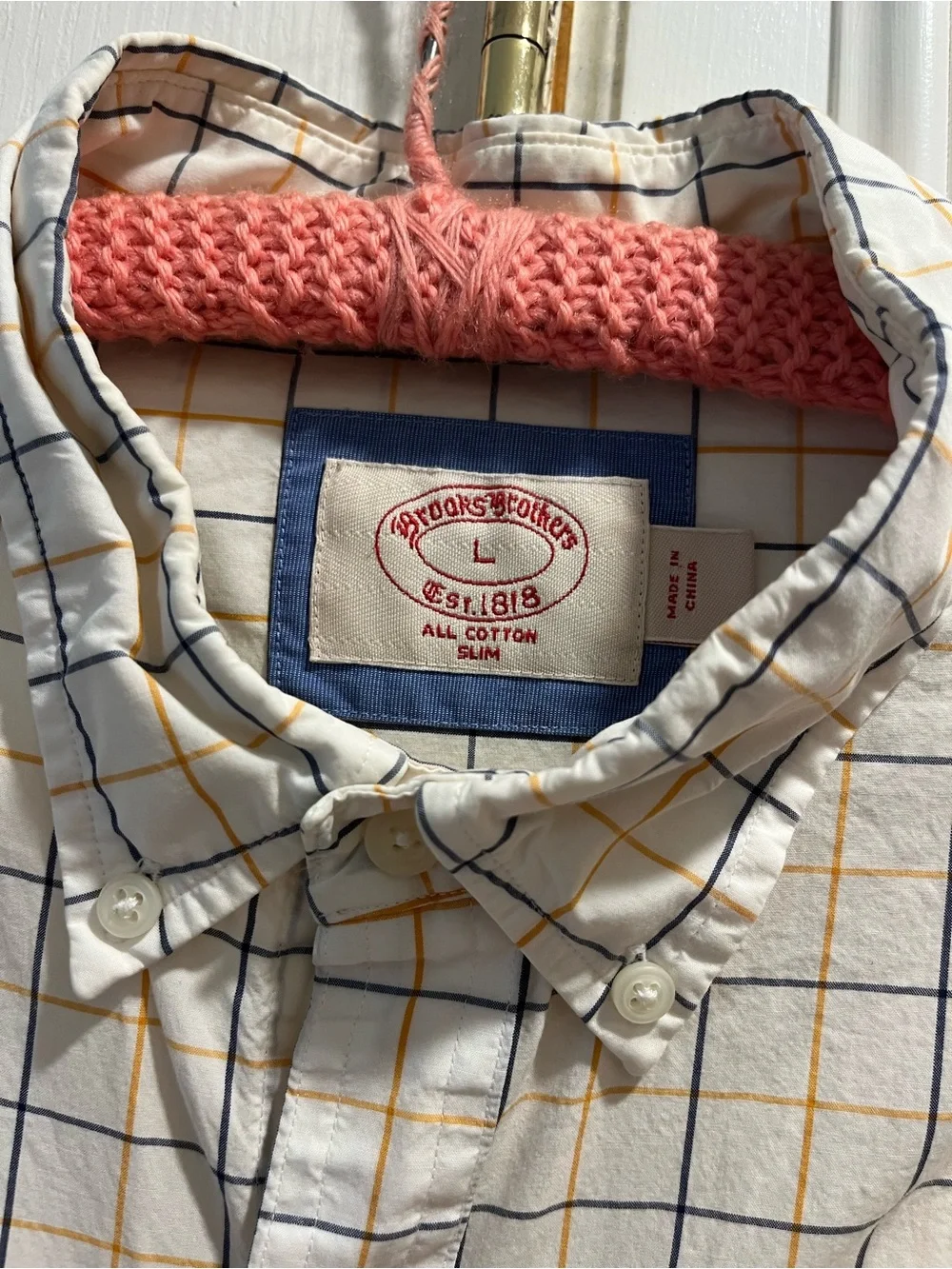 Brooks Brothers White Button-Down Shirt with Navy and Tan Windowpane Size L